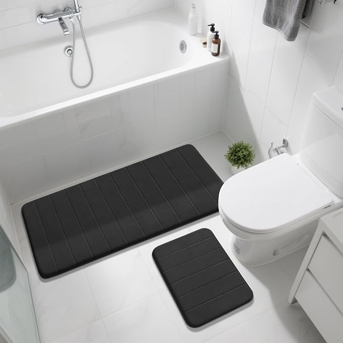 Yimobra Large Bath Mat Set 2 Piece- Super Soft Absorbent Quick Dry Memory Foam Bathroom Rugs, Machine Washable Non Slip Floor Carpet for Tub Shower & Double Vanity (17x24 & 44x24, Black)