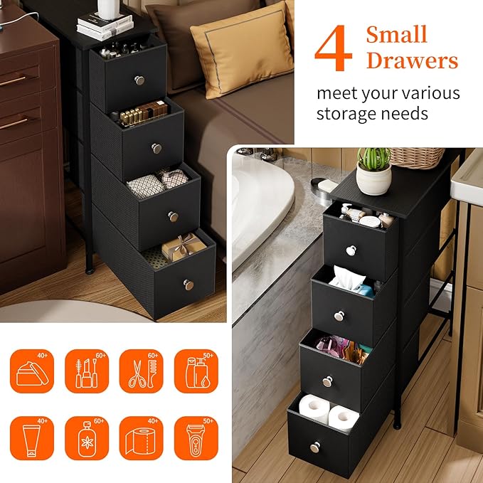 Fixwal Narrow Storage Cabinet, Small Dresser with 4 Drawers, Slim Fabric Dresser Storage for Small Spaces, Black Dresser Nightstand Side Table for Bedroom, Bathroom, Laundry, Closet, Dorm