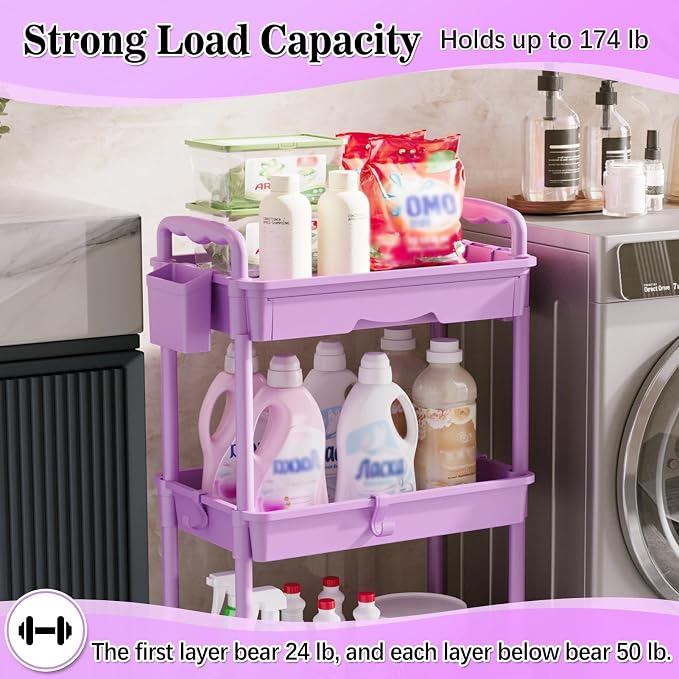 SUNALLY 3 Tier Rolling Cart Organizer with Drawer, Bathroom Storage Carts with Wheels & Plastic Shelf, Mobile Storage Organizers for Kitchen, Office, Laundry Room, Baby, Snack, Craft, Makeup, Purple