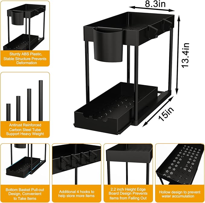 2 Pack Under Sink Organizers and Storage, 2-Tier Sliding Cabinet Organizer Drawer for Bathroom and Kitchen – Multi-Purpose Cabinet Organizer with Easy Pull-Out Design (Black)