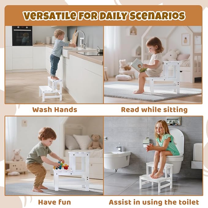 COSYLAND Step Stool for Toddlers - Two Step Stools Toddler 300 lbs Capacity with Safety Non-Slip Design, Natural Step Stool for Bathroom, Kitchen Dual Height Step Stools for Kids White