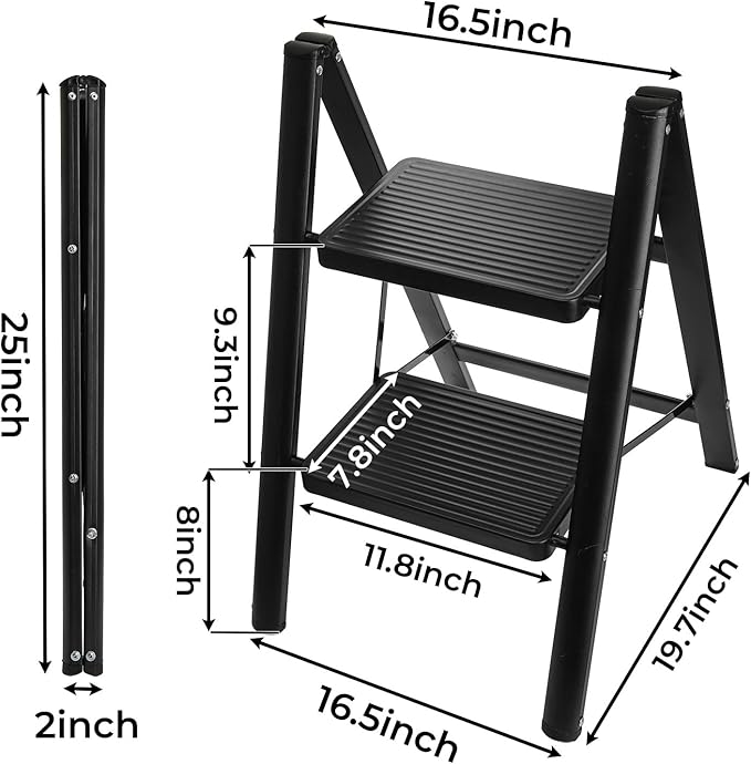 ZAVOOS 2 Step Ladder, Sturdy Folding Step Stool with Wide Anti-Slip Pedal, 330 Lbs Load Capacity Heavy Duty, Lightweight Portable Black Steel Ladder for Household, Kitchen, Office