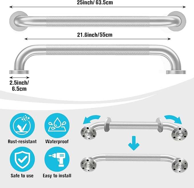 24 Inch Shower Grab Bar for Seniors 2 Pack, Heavy Duty 304 Stainless Steel Anti-Slip Bathroom Safety Handicap Grab Bar for Shower, Bathtub & Toilet, Wall Mounted, Supports 500lbs