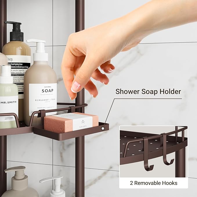 ELYKEN Corner Shower Caddy Standing, 4 Tier Rustproof Metal Shower Organizer with Soap Holder, Floor Shower Corner Shelf Rack Storage Stands with Adjustable Feet & 2 Hooks for Bathroom, Bronze