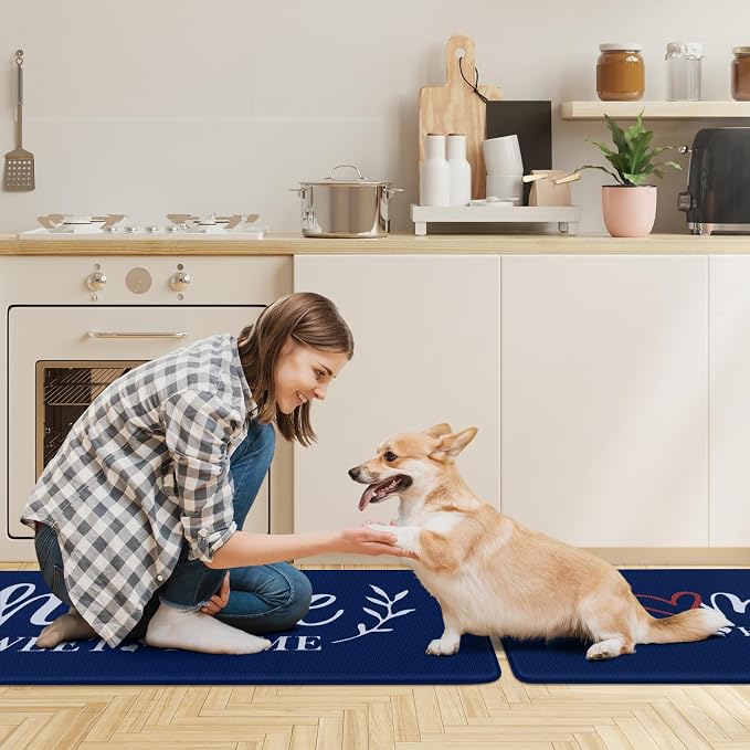 HappyTrends Kitchen Mat for Floor, 2PCS Cushioned Anti-Fatigue Kitchen Rugs, Waterproof Non-Slip Standing Mats and Rugs Set for Kitchen, Office, Laundry, Navy, 17.3"×30"+17.3"×47"