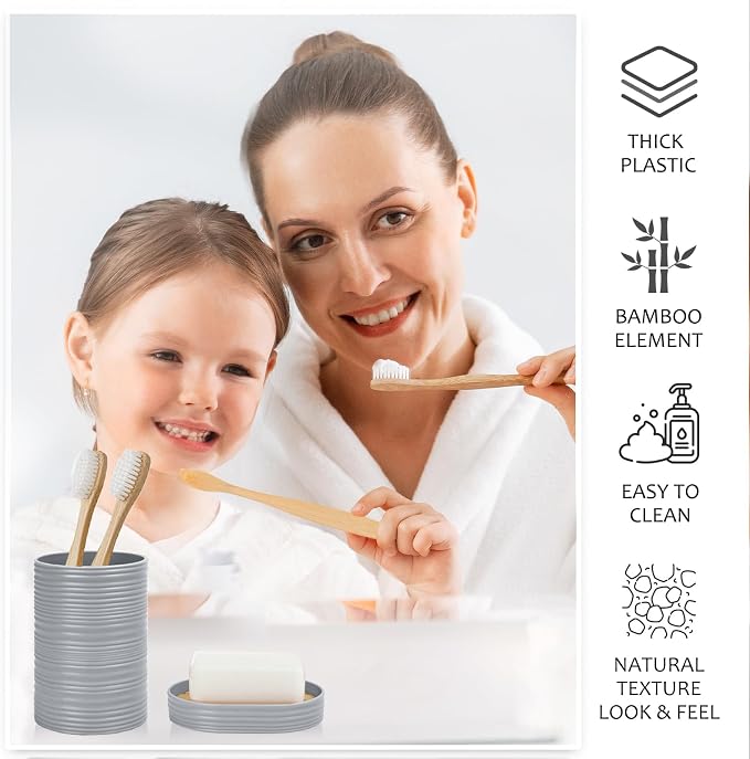 CERBIOR Bathroom Accessories Set 6 Piece Bamboo Bath Ensemble Includes Soap Dispenser, Toothbrush Holder, Toothbrush Cup, Soap Dish for Decorative Countertop and Housewarming Gift, Sriral Grey