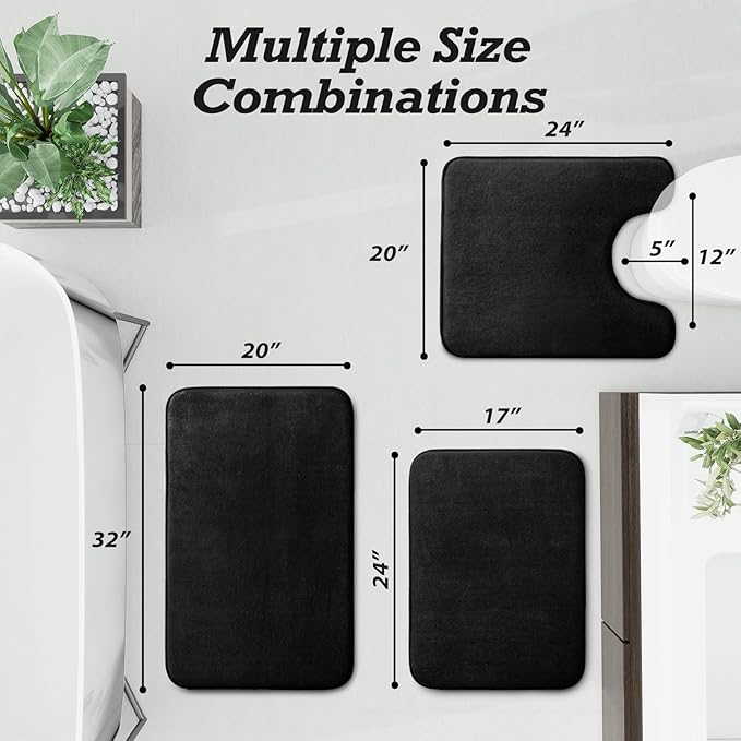 HUXMEYSON Bathroom Rugs Sets 3 Piece, Non-Slip & Quick Dry Bath Mat Set, Ultra Soft Velvet Bath Rugs for Bathroom, Toilet and Shower Floor, Black