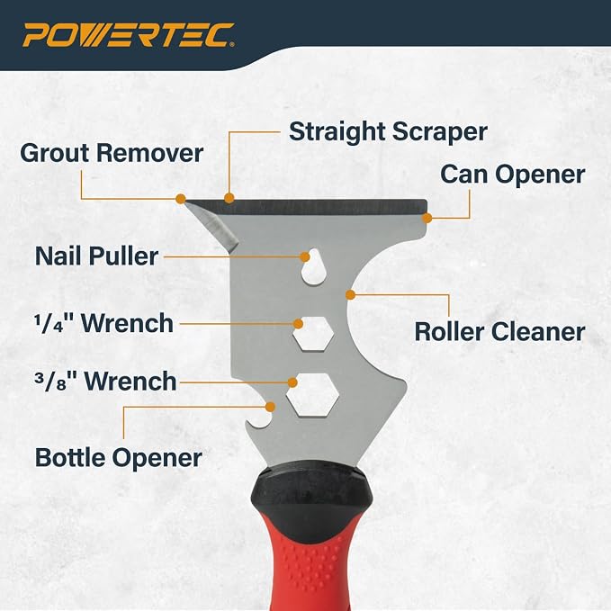 POWERTEC 9-in-1 Painter's Tool w/ 3 Inch Stainless Steel Putty Knife | Straight Scraper, Grout Remover, Roller Cleaning, Can Opener, Bottle Opener, Nail Puller, Screwdriver, 3/8" & 1/4" Wrench (72067)