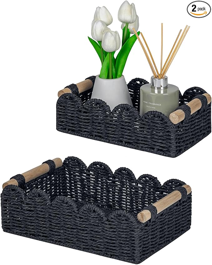 CubesLand Scalloped Edge Decor Baskets for Home, Living Room, Toilet Paper Storage Basket for Over Toilet Shelf, End Table,Shelves and More, Small Paper Rope Baskets Both Storage&Decor, Set 2 Black