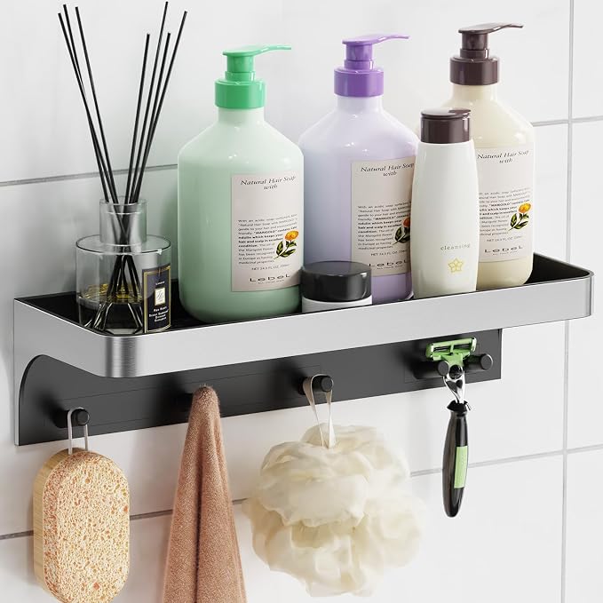 Shower Caddy Adhesive, Shower Shelve for Inside Shower, Bathroom Organizers and Storage for Accessories Holder, Rustproof Bathroom Wall Shower Rack Organize with 5 Hooks, No-drill, Silver