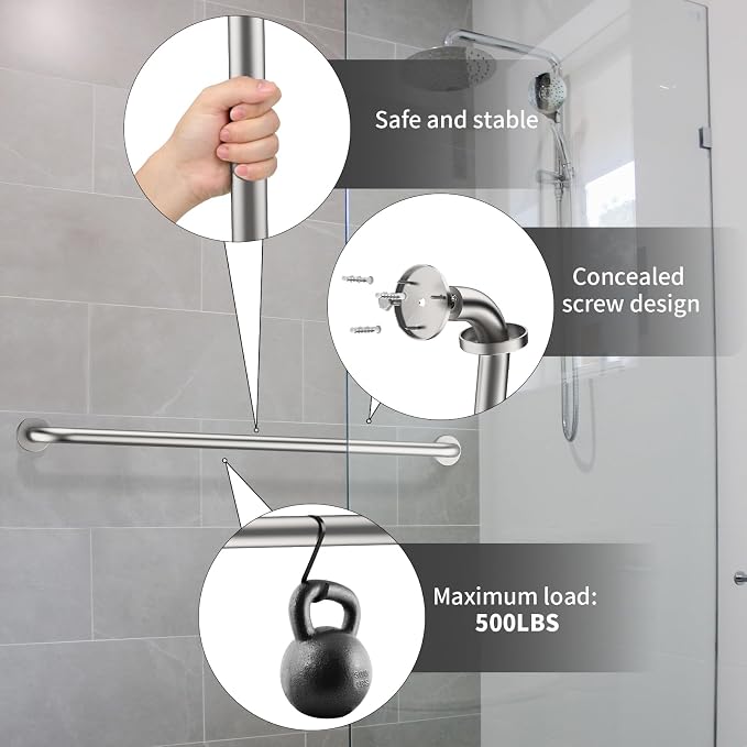2 Pack 40 Inch Shower Grab Bars Satin Brushed Nickel, ZUEXT SUS304 Stainless Steel Bathroom Shower Balance Bar, Safety Hand Rail Support,Handicap Elderly Senior Assist Bath Grab Handle(1.25" Diameter)