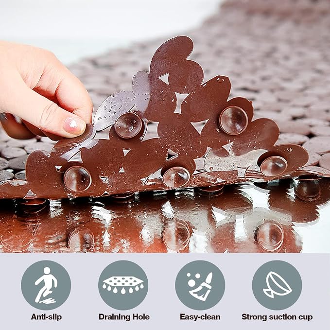 SONGZIMING Bathtub Mat Non Slip Pebble Bath Shower Mat with Drain Holes, Suction Cups Mat for Tub (16" W x 35" L,Brown)