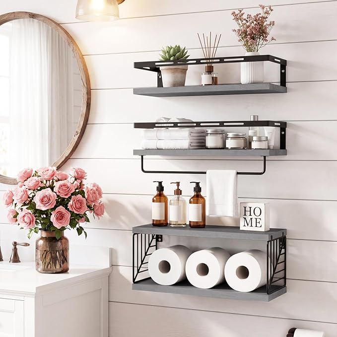 Fixwal Wall Mounted Bathroom Shelves Over Toilet, Rustic Wood Floating Shelves with Metal Frame and Towel Bar for Bathroom, Kitchen, Bedroom, Living Room (3 Plus 1 Gray)