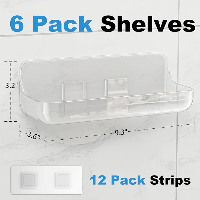6 Pack Acrylic Bathroom Shelves, Clear Adhesive Stick on Shelf with 12 Pack Adhesive