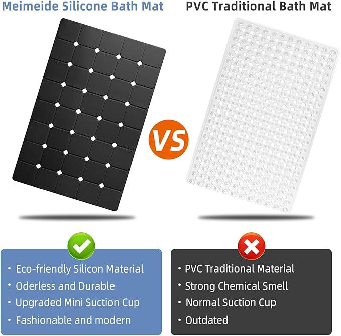 Bathtub Mat Non Slip Silicone Soft Odorless Bath Mat No Suction Cups for Refinished,Textured and Reglazed Tub Shower Mats Non-Slip 18 X 28Inch Black