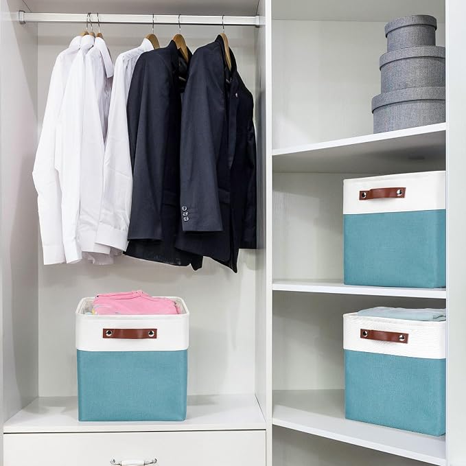 Bagnizer Collapsible Fabric Storage Cubes 11x11 Cube Storage Bins, 4 Pack Closet Baskets Box with Handles for Organizing, Shelf, Toys, Clothes, Home, Office, Nursery (Teal&White)