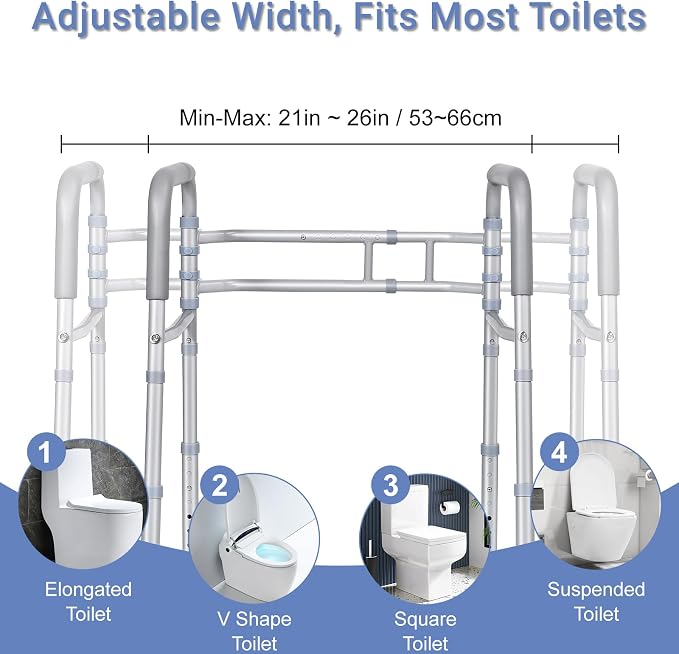 Width & Height Adjustable Toilet Safety Rails - Bathroom Support Handles Grab Bar - Stand Alone Toilet Safety Frame Fits Most Toilet