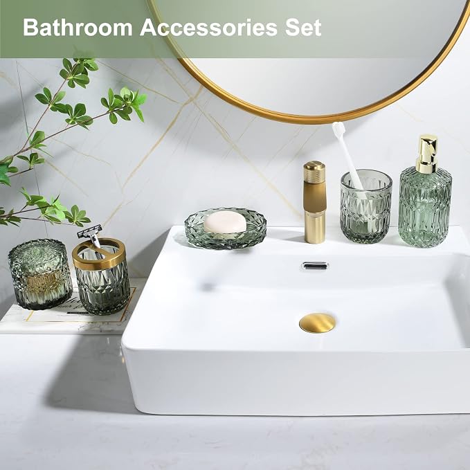 LaMarriti Green Bathroom Accessories Set, 6 Pcs Clear Glass Bathroom Set, Soap Dispenser, Soap Dish, Toothbrush Holder, Tumbler, Q-Tips Holder for Vintage Crystal Bathroom Decor, Gift Set
