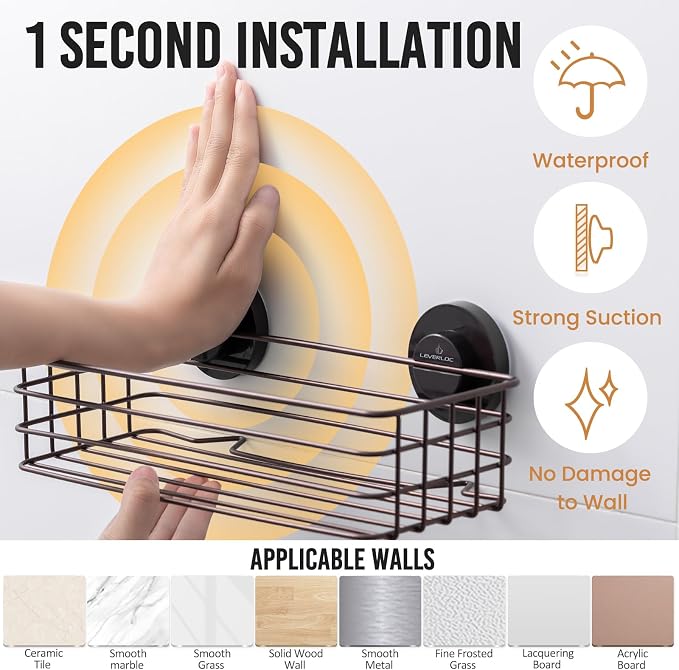 LEVERLOC 2 Pack Shower Caddy Suction Cup, Shower Shelves for Inside with Hooks and Soap Holder, NO Drill Bathroom Shampoo Holder, Rustproof Meatl Bathroom Organizer Brown
