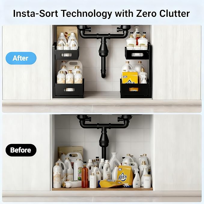 Under Sink Organizer, Adjustable Height 2 Tier Under Sink Organizers and Storage Multi-Purpose Under Sink Storage for Bathroom Kitchen