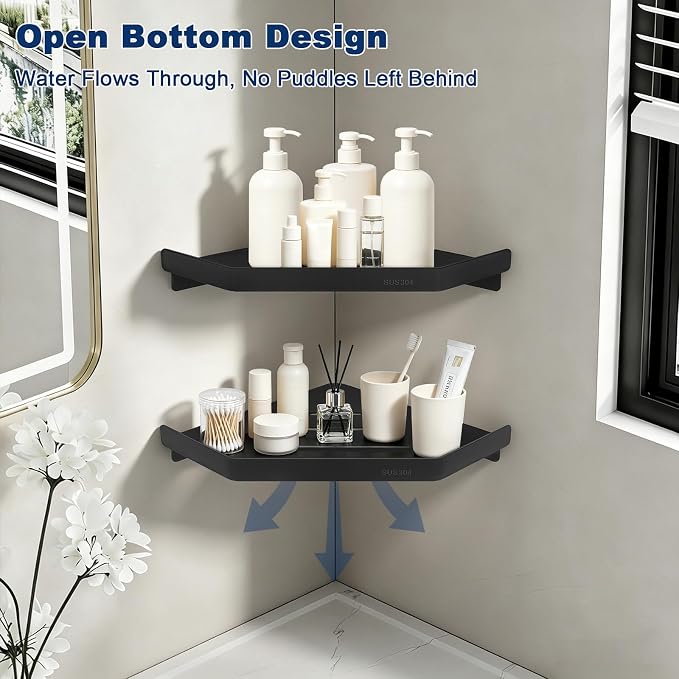 NearMoon Bathroom Shower Caddy 2 Pack, 304 Stainless Steel Shower Organizer, Screw Mounted (Diamond Corner Shelf, Matte Black)