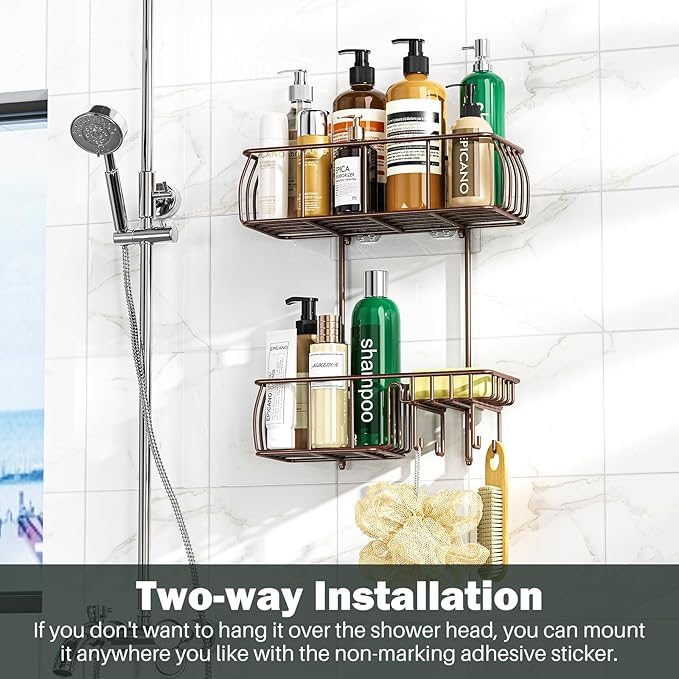 Epicano Shower Caddy Hanging Over Head, Bronze | Rustproof,4 Hooks for Towels,Sponge and & Bathroom Accessories,Anti-Swing Suction Cups & Adhesive hooks