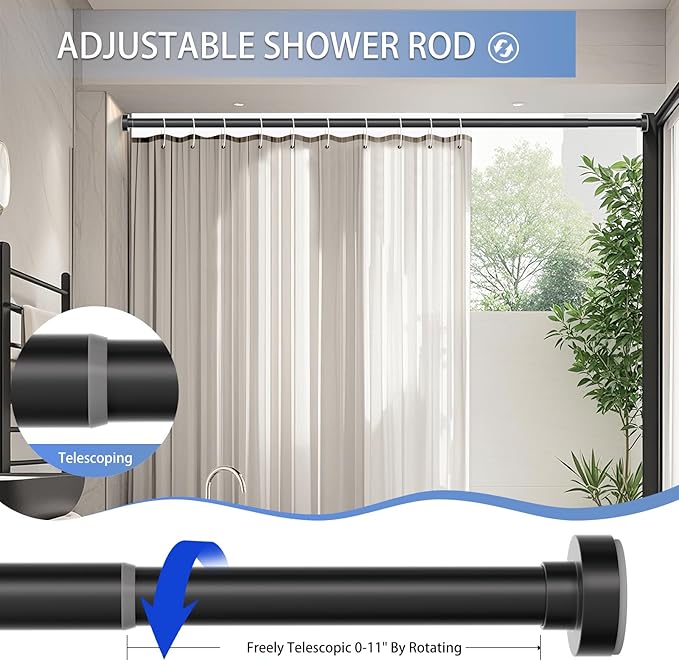 Black Shower Curtain Rod 34-82 Inches(2.8-6.8ft) Never Rust Adjustable Shower Rod Spring Tension Non Slip No Drilling Shower Rods for Bathroom Garland Window