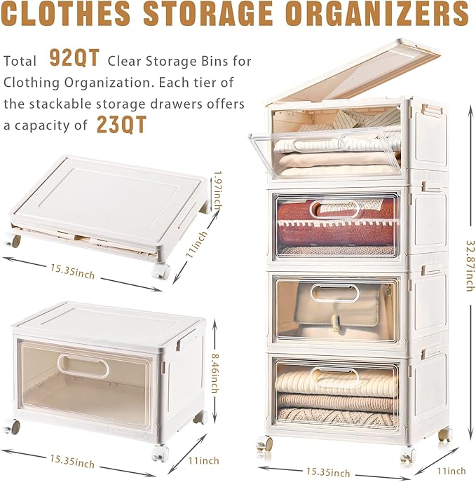 Freebat 4-Tier Stackable Storage Bins with Lid, 23QT Storage Containers,Clear Foldable Plastic Drawer Storage on Wheels,Closet Organizers and Storage for Living Room,Bedroom,Office,Dorm