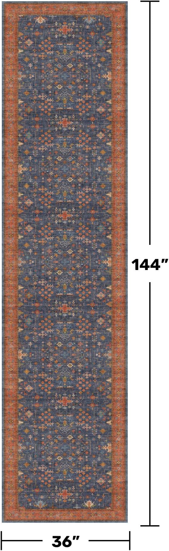 Washable 12 ft Long Runner for Hallway - Navy Blue Kitchen Floor Runner Rug, Pet Friendly Vintage Non Slip with Rubber Backing, Stain Resistant Laundry Room Rug (3x12 Navy Blue & Terracotta)