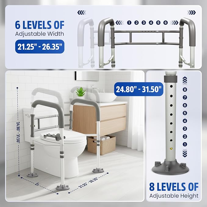 Toilet Safety Rails for Seniors 350lb, Adjustable Height & Width Toilet Bars for Elderly | Foldable Non-Slip Toilet Safety Frame, 4 Suction Cups & 4 Tips, Reinforced 2 C-Clamp – Fits Most Toilets