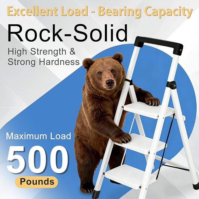 3 Step Ladder with Handrail Folding Step Stool with Tool Tray 500LBS Capacity Sturdy Carbon Steel Frame Anti-Slip Stripe Pedal for Home Kitchen Garage (white-3step)