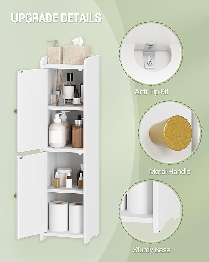 Hzuaneri Bathroom Storage Cabinet, Small Corner Floor Cabinet with 2 Doors and Adjustable Shelf, Narrow Toilet Paper Cabinets, Bathroom Organizer for Small Spaces, 7.9" D x 7.9" W x 29.5" H White
