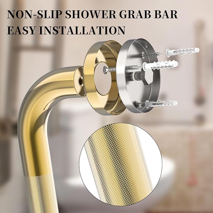 Brushed Gold Bathroom Grab Bar 40 Inch, iHansee Anti-Slip Grab Bars w/Knurled Grip, Stainless Steel Safety Handrail for Toilet Bathtub Shower, Wall Mounted Handicap Bars Handle for Senior Elderly