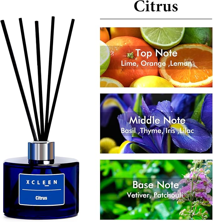 Xcleen Reed Diffusers for Bathroom, 6.7 oz(200ml) Citrus Scented Oil Diffuser with Fiber Sticks, Air Freshener for Bedroom, Office, Home Fragrance Decor