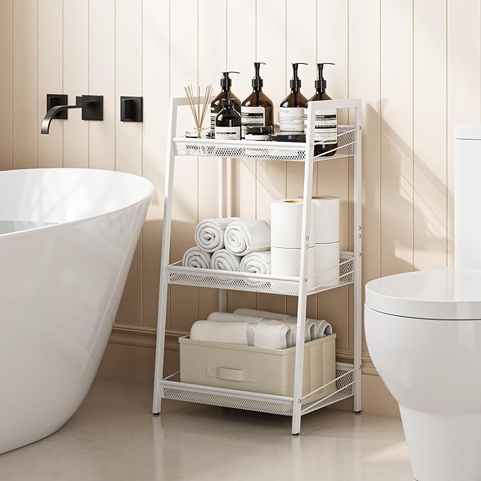 Masupu 3 Tier Bathroom Shelf, Bathroom Organizer and Storage for Small Space, Free-Standing Metal Rack Shelves Waterproof for Kitchen, Bathroom, Laundry, Toilet, White