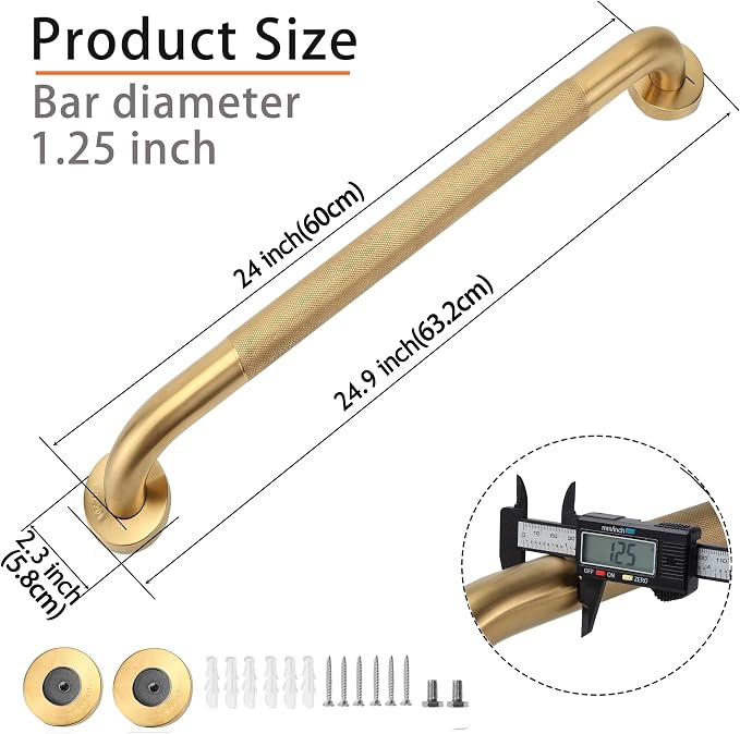 Shower Grab Bar, 2 Pack 24 Inch Gold Bathroom Grab Bar, 1.25" Diameter 304 Stainless Steel Anti-Slip Grab Bars for Bathtubs and Showers, Handicap Shower Grab Bar for Seniors Elderly