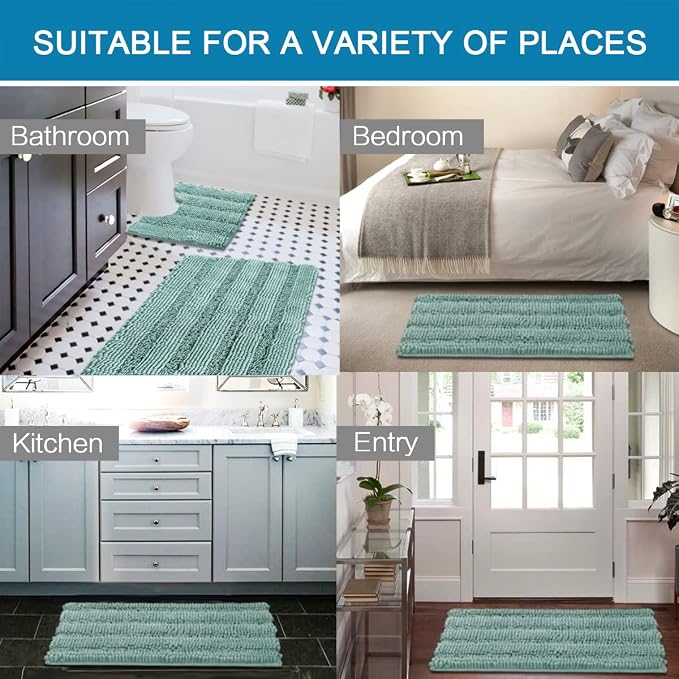 H.VERSAILTEX Bathroom Rugs Bath Rug Set 2 Piece Bathroom Contour Rug Toilet Mat Sets Non Slip Contour Bath Rug Ultra Thick Water Absorbent Striped Bath Mats(36" x 24" Plus 20" x 24" U, Eggshell Blue)