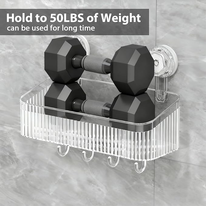 3 Pack Suction Cup Shower Caddy, Clear Shower Shelves No Drilling with Movable Hooks & Toothbrush Holder, Wall Storage Shelves for Bathroom, Kitchen
