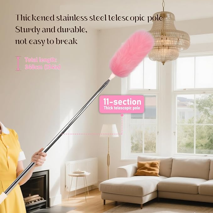Extendable Lambswool Duster Stainless Steel Handle 133" Removable Feather Duster for Cleaning Ceiling Fans Interior Roof Furniture, Pink
