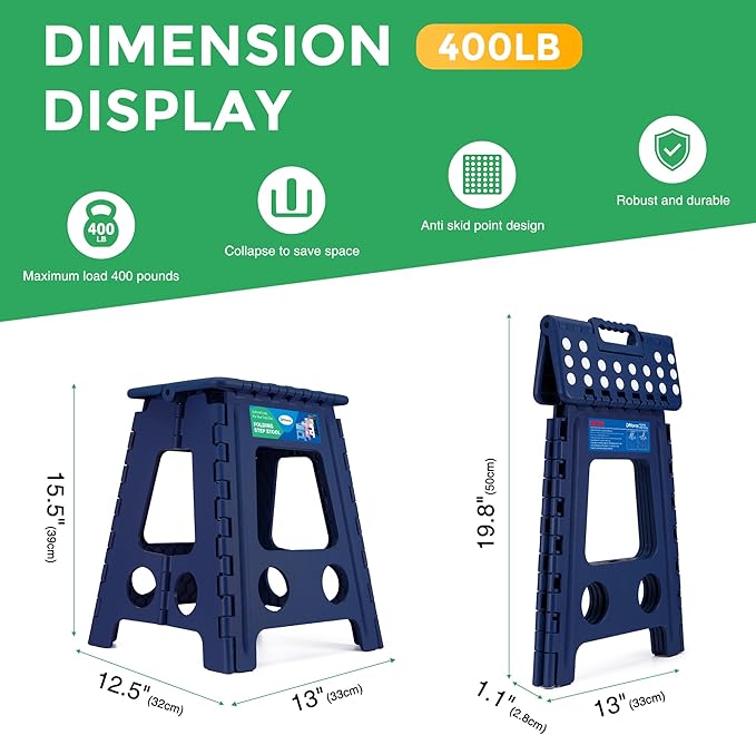 Dyforce 16 Inch Folding Step Stool, 400 lbs Heavy Duty Plastic Step Stool for Adults, Non-Slip Foldable Stepping Stool with Anti-Pinch Handle for Kitchen Bathroom Bedroom Office, Royal Blue 1PC