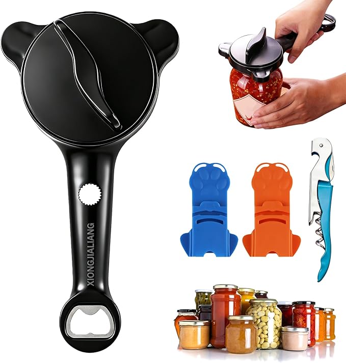 Adjustable Jar Opener for Weak Hands, 4-in-1 Multi-Function Manual Bottle Opener and Corkscrew Set for Seniors with Arthritis, Universal Lid Gripper Kitchen Gadget for All Jar Sizes (Black)