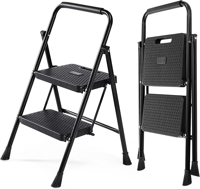 DUMOS Step Ladder, 2 Sturdy Step Stool with Anti-Slip Pedal & Comfortable Handrail, Portable Heavy Duty Stool for Kitchen, Garage & Outdoor Use, 800lbs, Black