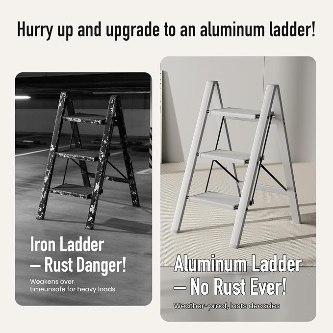 Mayi Plus 3 Step Ladder,Aluminum Folding Step Stool for Adults,Step Ladder with Wide Anti-Slip Pedal,330 lbs Capacity for Home,Office,Kitchen,Library(Grey)