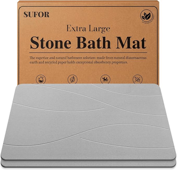 32"x20" Stone Bath Mat 2Pack, Diatomaceous Earth Shower Mat, Non-Slip Super Absorbent Quick Drying Bathroom Floor Mat, Natural, Easy to Clean (Cloudy Gray)