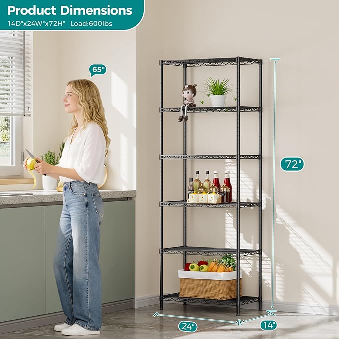 SINGAYE Shelf Wire Shelving Adjustable Storage Shelves Rack Standing Units for Kitchen Closet Laundry Bathroom Organizers Metal Pantry Narrow Mesh Gaps 14" D x 24" W x 72" H Black