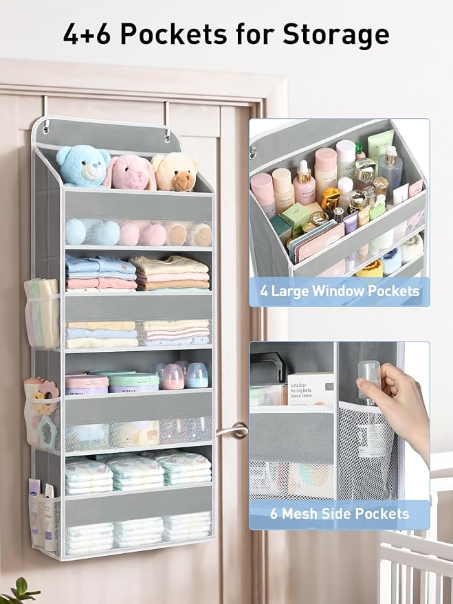 Yecaye Over the Door Organizer, Stuffed Animal Storage, Bathroom Organizers and Storage for Nursery Newborn Baby Essentials Stuff Dorm Room, Widen by 7cm, Deepen by 3cm, Grey 4 Tier Extra-Large