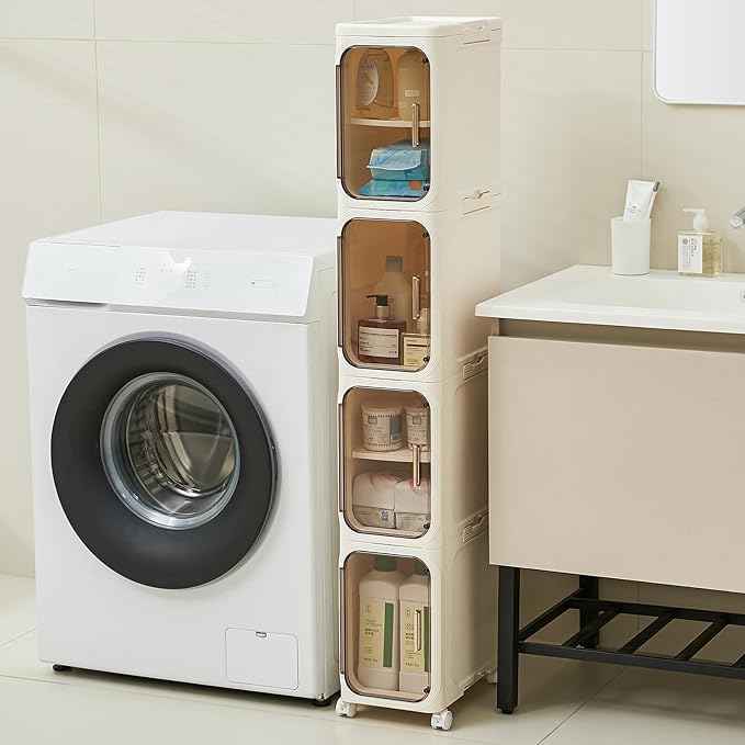 UFORU 4-Tier Tall Narrow Storage Cabinet- Plastic Slim Bathroom Storage Organizer with Magnetic Doors,Adjustable Shelves&Movable Wheels, Foldable Skinny Cabinet for Small Spaces,Kitchen