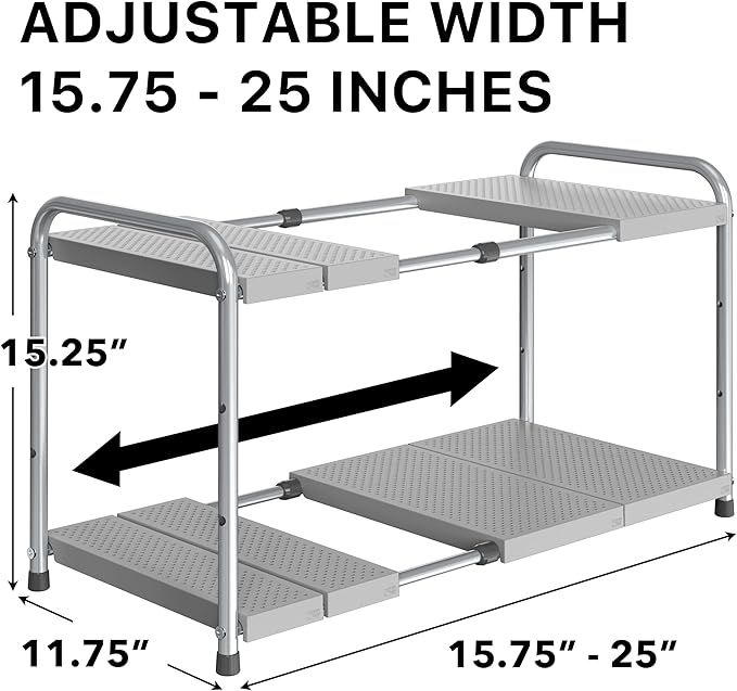 Simple Houseware Under Sink 2-Tier Heavy Duty Expandable Rack Organizer, Adjustable Width 15.75–25 Inches with 4 Shelf Height Levels, Silver