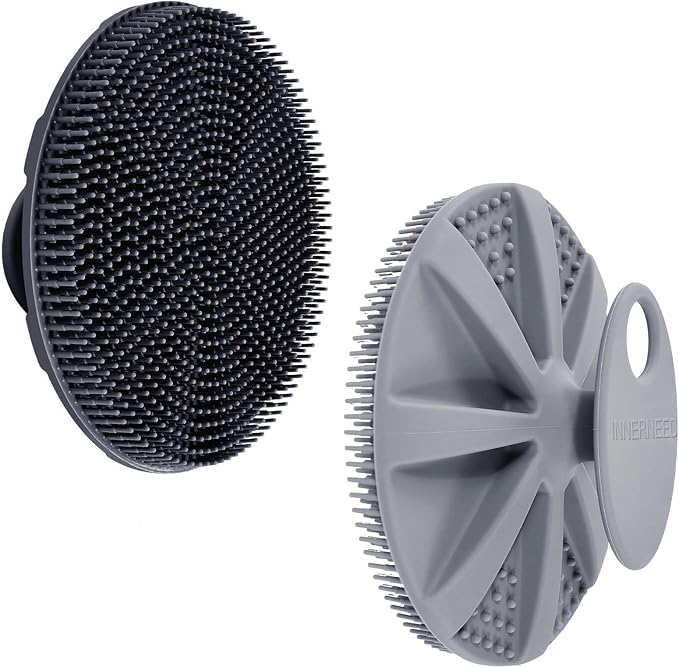INNERNEED Food-Grade Soft Silicone Body Scrubber Shower Brush Handheld Cleansing Skin Brush, Gentle Exfoliating and Lather Well (Black+Gray)