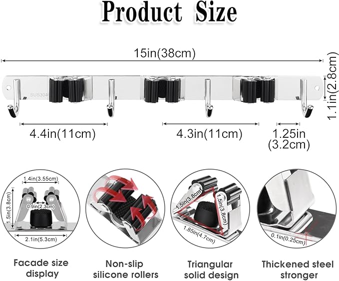 2 Pack 3 Racks and 4 Hooks Broom and Mop Holder Wall Mounted Garage Organizer Storage Tool Racks Stainless Steel Heavy Duty Hooks Self Adhesive Solid Non-slip Wall Hangers for Home Kitchen Garden